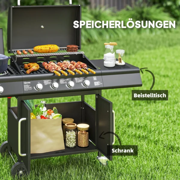 Gasgrill 15,2 KW Grillwagen Inkl 5 Edelstahl Brenner Rolle Seitenkocher 129,5 X 56 X 110 Cm Schwarz