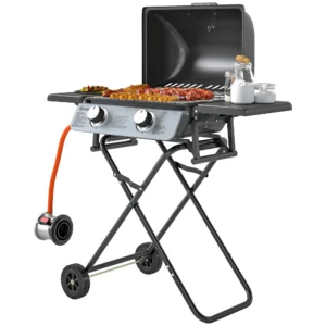Gasgrill 5,6 KW Grillwagen Inkl 2 Edelstahl Brenner Klappbar Seitenablagen Rolle 101 X 50 X 102 Cm Schwarz