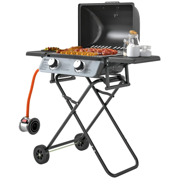 Gasgrill 5,6 KW Grillwagen Inkl 2 Edelstahl Brenner Klappbar Seitenablagen Rolle 101 X 50 X 102 Cm Schwarz