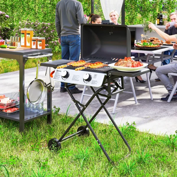 Gasgrill 5,6 KW Grillwagen Inkl 2 Edelstahl Brenner Klappbar Seitenablagen Rolle 101 X 50 X 102 Cm Schwarz