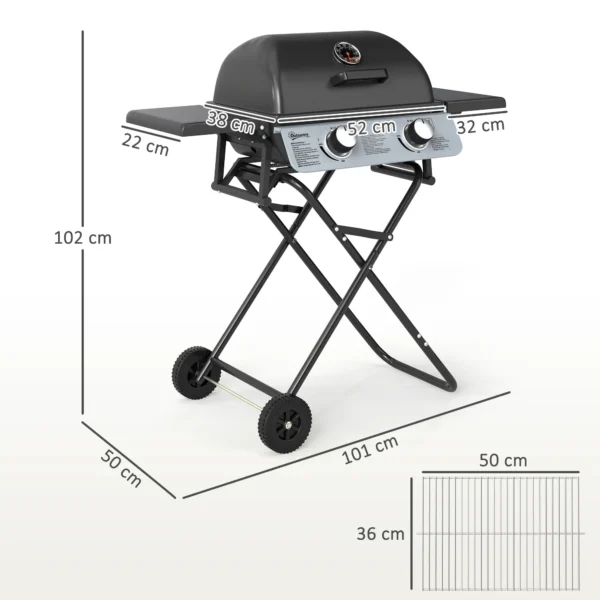 Gasgrill 5,6 KW Grillwagen Inkl 2 Edelstahl Brenner Klappbar Seitenablagen Rolle 101 X 50 X 102 Cm Schwarz