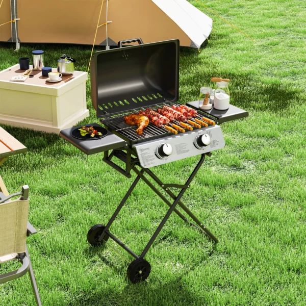 Gasgrill 5,6 KW Grillwagen Inkl 2 Edelstahl Brenner Klappbar Seitenablagen Rolle 101 X 50 X 102 Cm Schwarz