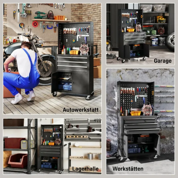 Gereedschapskast Op Wielen Met Geperforeerde Plaat, 3 Lades Voor Garage En Werkplaats, Zwart