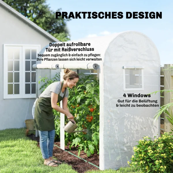 Gewächshaus Mit Fernster, Tür, Foliengewächshaus Aus Stahl, 300x100x200cm, Weiß
