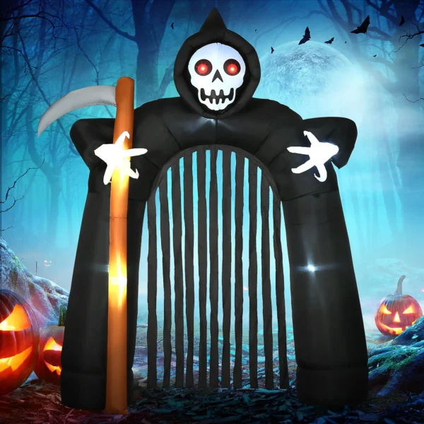 Große Halloween Gartendekoration Sensenmann Torbogen Selbstaufblasbar LED Beleuchtung 2,85 M