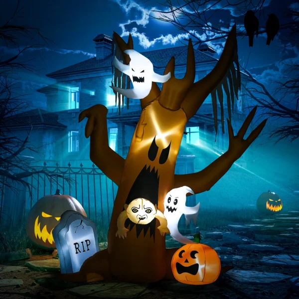 Halloween Deko, 2,40m Großer Geisterbaum, Selbstaufblasend, LED Beleuchtung, Für Außenbereiche