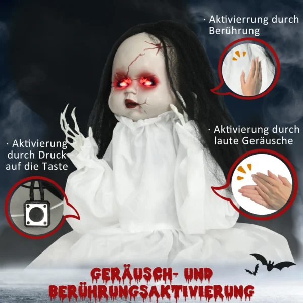 Halloween Dekoration Horrorpuppe, LED Augen, Heult, Springt Hoch, Geräusch & Bewegungssensor, 60 Cm