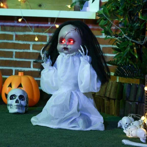 Halloween Dekoration Horrorpuppe, LED Augen, Heult, Springt Hoch, Geräusch & Bewegungssensor, 60 Cm