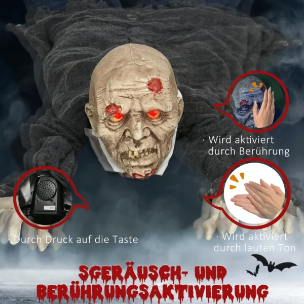 Halloween Dekoration Zombie, LED Augen, Heult Und Kriecht, Geräusch & Bewegungssensor, Batteriebetrieben, 159 Cm