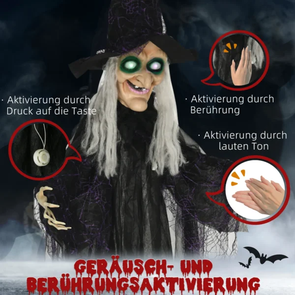 Halloween Hexe, Halloween Dekoration, Soundfunktion, Mit Bewegungssensor, LED Lichter, 130 Cm X 18 Cm X 183 Cm