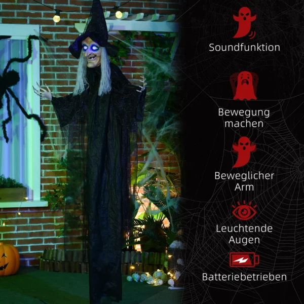 Halloween Hexe, Halloween Dekoration, Soundfunktion, Mit Bewegungssensor, LED Lichter, 130 Cm X 18 Cm X 183 Cm