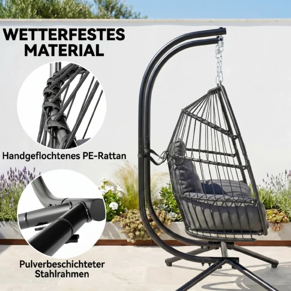 Hängestuhl, Faltbarer Korbstuhl Mit Kissen, Stahlrahmen, Für Drinnen Und Draußen, Bis Zu 260 Kg Belastbar, Dunkelgrau