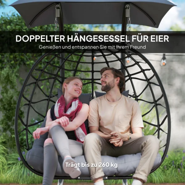 Hängestuhl, Faltbarer Korbstuhl Mit Kissen, Stahlrahmen, Sonnendach, Bis Zu 260 Kg Belastbar, Dunkelgrau