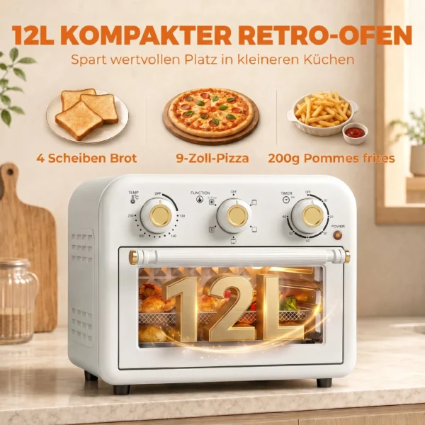 Heißluftfritteuse 12 Liter Mini Backofen Mit Umluft, 5 Programmen, Backblech Und Frittierkorb, 1200 W, Spülmaschinenfest