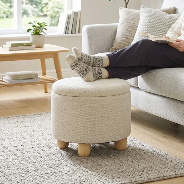 Hocker Mit Stauraum, Runder Sitzhocker Mit Deckel, Leinenoptik Für Wohnzimmer, Schlafzimmer, 38,5x38,5x33,5 Cm Beige
