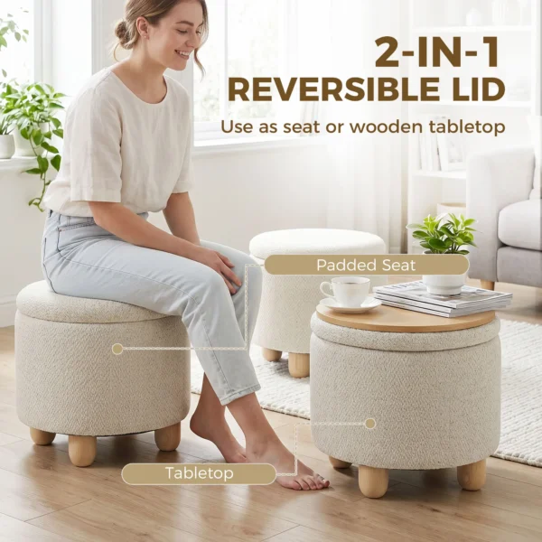 Hocker Mit Stauraum, Runder Sitzhocker Mit Deckel, Leinenoptik Für Wohnzimmer, Schlafzimmer, 38,5x38,5x33,5 Cm Beige