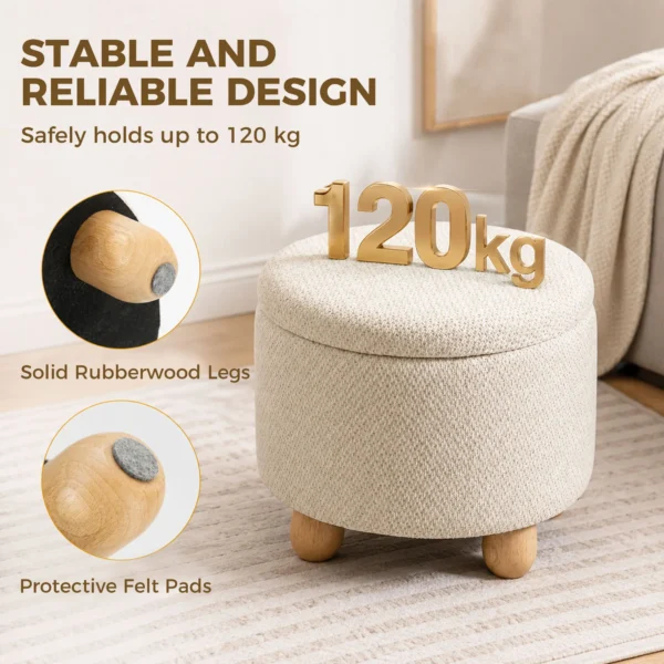 Hocker Mit Stauraum, Runder Sitzhocker Mit Deckel, Leinenoptik Für Wohnzimmer, Schlafzimmer, 38,5x38,5x33,5 Cm Beige