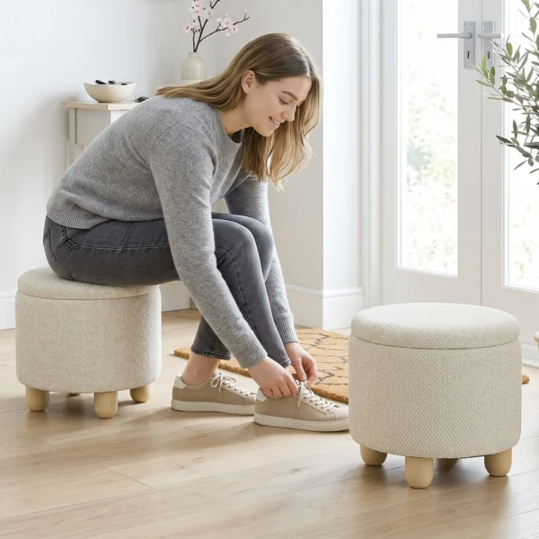 Hocker Mit Stauraum, Runder Sitzhocker Mit Deckel, Leinenoptik Für Wohnzimmer, Schlafzimmer, 38,5x38,5x33,5 Cm Beige