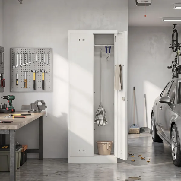 Hoher Stahlschrank Für Die Garage Mit Türen & Verstellbaren Einlegeböden, Aufbewahrungsschrank Mit Kleiderstange, Cremeweiß
