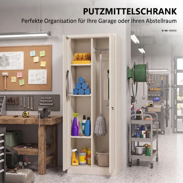 Hoher Stahlschrank Für Die Garage Mit Türen & Verstellbaren Einlegeböden, Aufbewahrungsschrank Mit Kleiderstange, Cremeweiß
