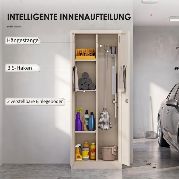 Hoher Stahlschrank Für Die Garage Mit Türen & Verstellbaren Einlegeböden, Aufbewahrungsschrank Mit Kleiderstange, Cremeweiß