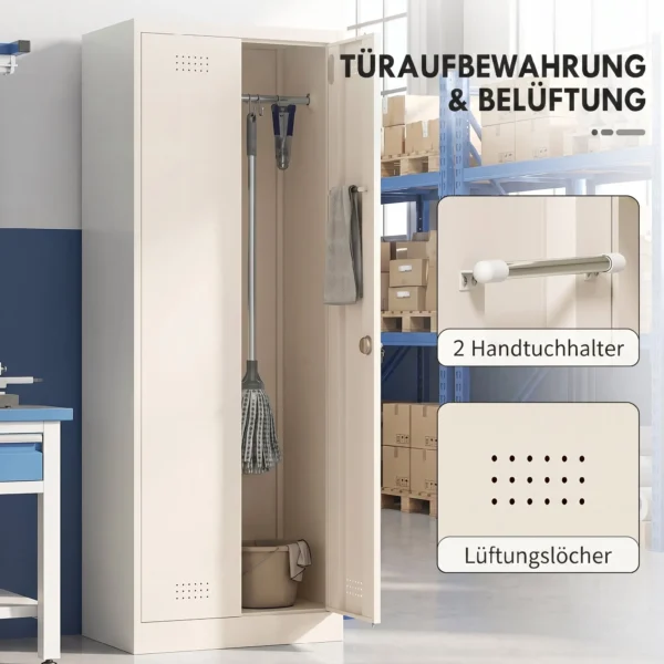 Hoher Stahlschrank Für Die Garage Mit Türen & Verstellbaren Einlegeböden, Aufbewahrungsschrank Mit Kleiderstange, Cremeweiß