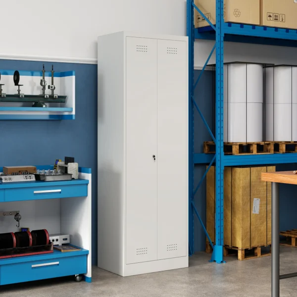 Hoher Stahlschrank Für Die Garage Mit Türen & Verstellbaren Einlegeböden, Aufbewahrungsschrank Mit Kleiderstange, Cremeweiß