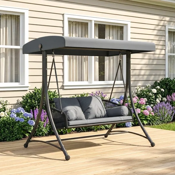 Hollywoodschaukel Rattan 2 Sitzer Gartenschaukel Mit Verstellbarem Sonnendach Weichem Kissen A Rahmen Dunkelgrau