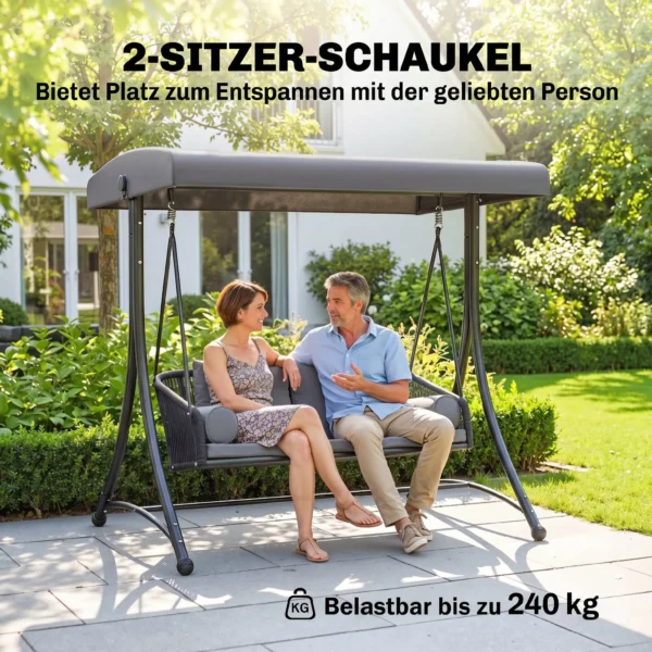 Hollywoodschaukel Rattan 2 Sitzer Gartenschaukel Mit Verstellbarem Sonnendach Weichem Kissen A Rahmen Dunkelgrau