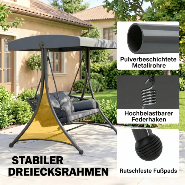 Hollywoodschaukel Rattan 2 Sitzer Gartenschaukel Mit Verstellbarem Sonnendach Weichem Kissen A Rahmen Dunkelgrau