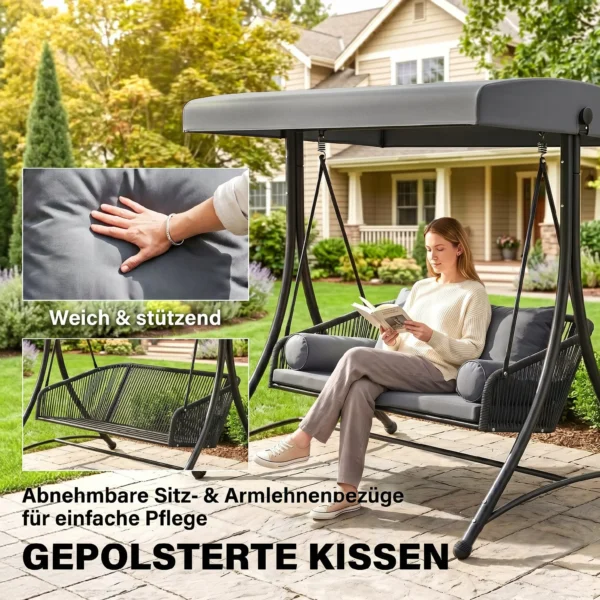 Hollywoodschaukel Rattan 2 Sitzer Gartenschaukel Mit Verstellbarem Sonnendach Weichem Kissen A Rahmen Dunkelgrau