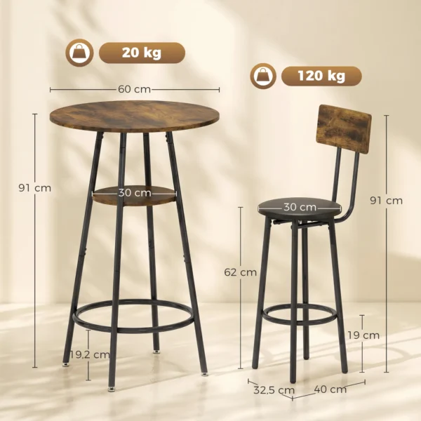 Industriële Bar Tafel Set Met 2 Gevoerde Krukken, Voetsteunen, Metalen Frame, Keukentafel Met Opslag, Rustiek Bruin