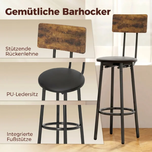 Industriële Bar Tafel Set Met 2 Gevoerde Krukken, Voetsteunen, Metalen Frame, Keukentafel Met Opslag, Rustiek Bruin