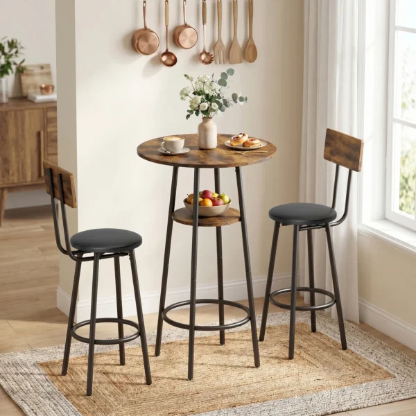 Industriële Bar Tafel Set Met 2 Gevoerde Krukken, Voetsteunen, Metalen Frame, Keukentafel Met Opslag, Rustiek Bruin
