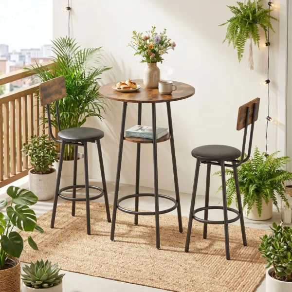 Industriële Bar Tafel Set Met 2 Gevoerde Krukken, Voetsteunen, Metalen Frame, Keukentafel Met Opslag, Rustiek Bruin