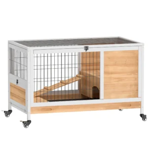 Kaninchenstall Aus Holz Hasenstall Mit 2 Etagen Klappdach Rädern Zwei Eingängen Rampe Ausziehbarem Tablett 90x53x59cm