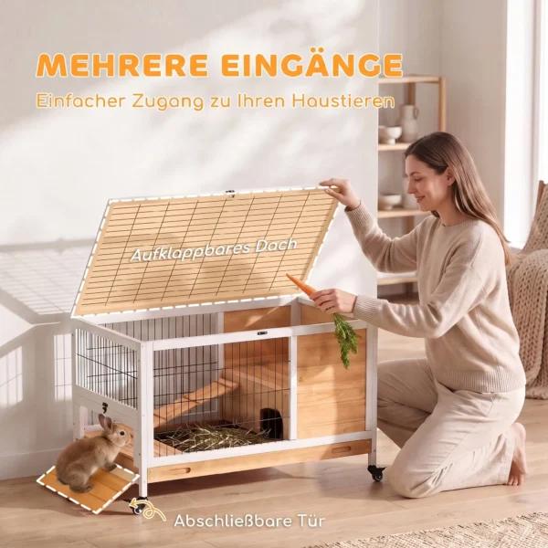 Kaninchenstall Aus Holz Hasenstall Mit 2 Etagen Klappdach Rädern Zwei Eingängen Rampe Ausziehbarem Tablett 90x53x59cm