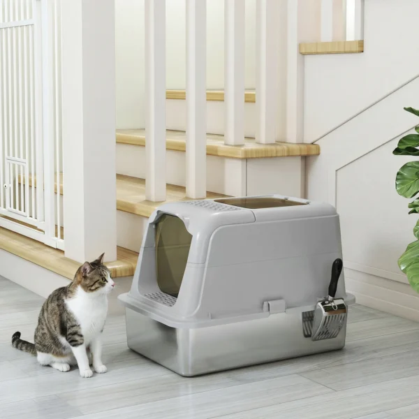 Kattenbak, Kattentoilet Met Deksel, Kattenbakschep, Voorste Ingang En Bovenste Uitgang, Roestvrij Staal Tot 8 Kg