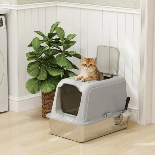 Kattenbak, Kattentoilet Met Deksel, Kattenbakschep, Voorste Ingang En Bovenste Uitgang, Roestvrij Staal Tot 8 Kg