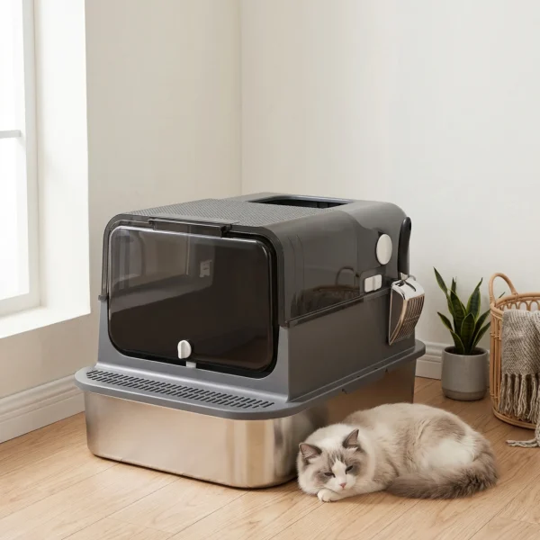 Kattenbak Van Roestvrij Staal Met Deksel XXL 72L Voor Grote Katten En Meerdere Katten Met Dubbele Deuren, Schep, Pedaal, Anti lek