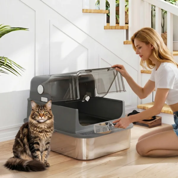 Kattenbak Van Roestvrij Staal Met Deksel XXL 72L Voor Grote Katten En Meerdere Katten Met Dubbele Deuren, Schep, Pedaal, Anti lek