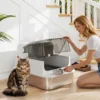 Kattenbak Van Roestvrij Staal Met Deksel XXL 72L Voor Grote Katten En Meerdere Katten Met Dubbele Deuren, Schep, Pedaal, Anti lek