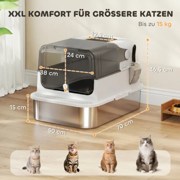 Kattenbak Van Roestvrij Staal Met Deksel XXL 72L Voor Grote Katten En Meerdere Katten Met Dubbele Deuren, Schep, Pedaal, Anti lek