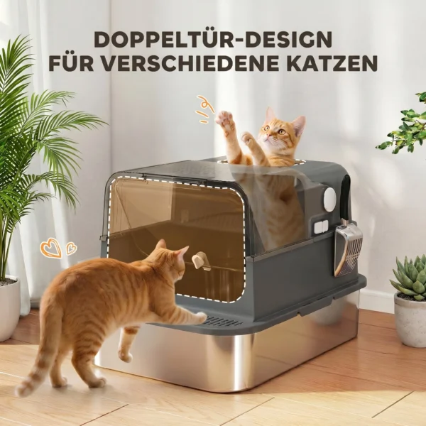 Kattenbak Van Roestvrij Staal Met Deksel XXL 72L Voor Grote Katten En Meerdere Katten Met Dubbele Deuren, Schep, Pedaal, Anti lek