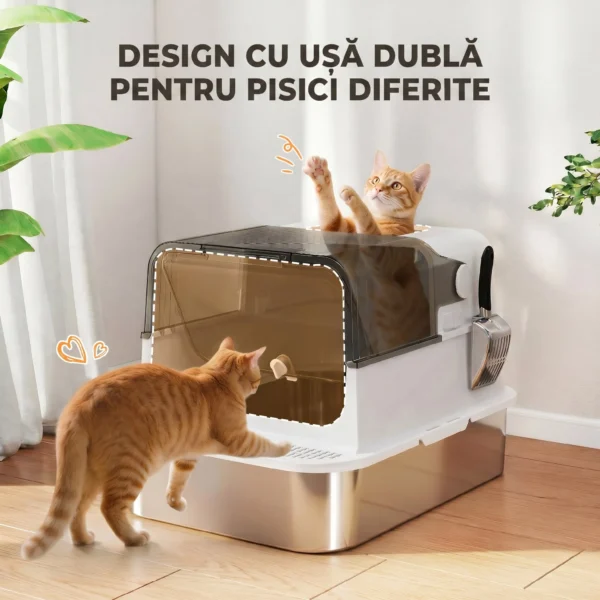 Kattenbak Van Roestvrij Staal Met Deksel XXL 72L Voor Grote Katten En Meerdere Katten Met Dubbele Deuren, Schep, Pedaal, Anti lek