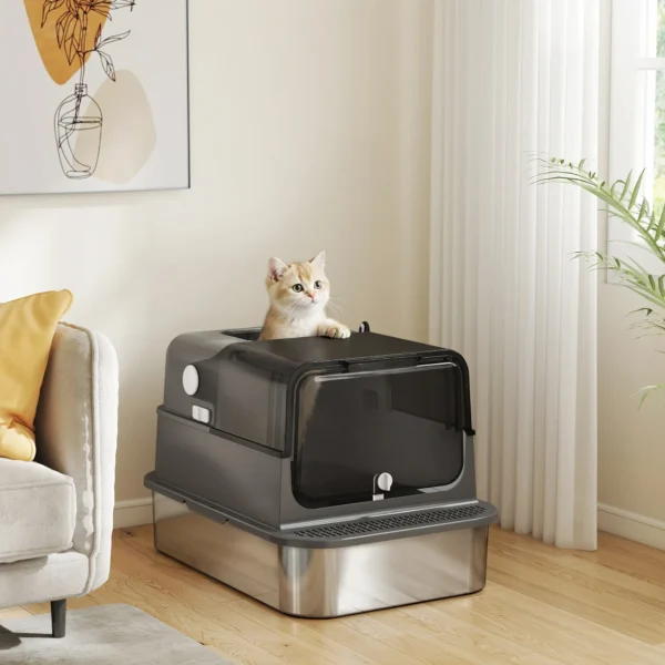 Kattenbak Van Roestvrij Staal Met Deksel XXL 72L Voor Grote Katten En Meerdere Katten Met Dubbele Deuren, Schep, Pedaal, Anti lek