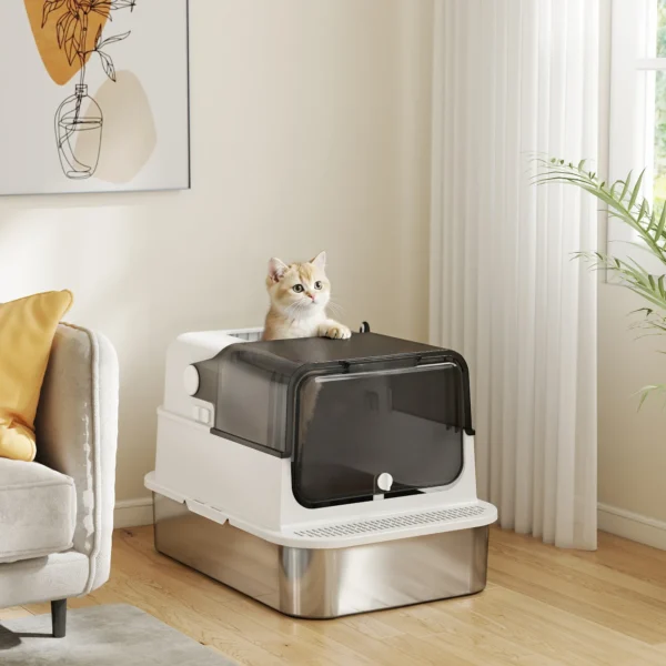 Kattenbak Van Roestvrij Staal Met Deksel XXL 72L Voor Grote Katten En Meerdere Katten Met Dubbele Deuren, Schep, Pedaal, Anti lek