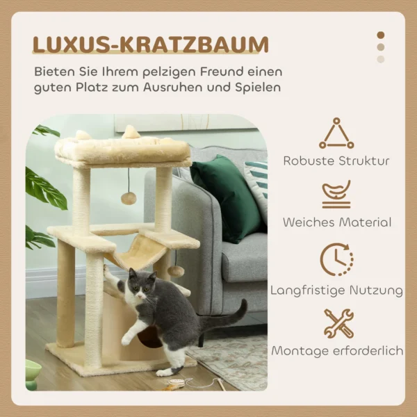 Katzenbaum, Kratzbaum Mit Spielzeug, Sitzstange, Hängematte, 48 X 48 X 90 Cm, Creme