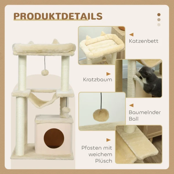 Katzenbaum, Kratzbaum Mit Spielzeug, Sitzstange, Hängematte, 48 X 48 X 90 Cm, Creme