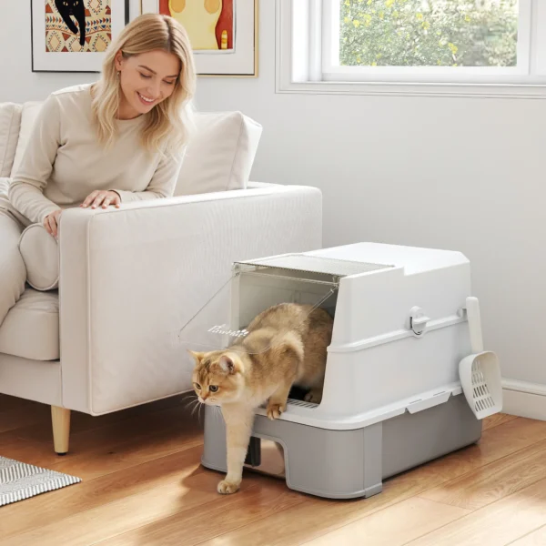 Katzentoilette Aus Edelstahl Mit Deckel, XL Katzenstreubox Mit Schaufel, Herausziehbare Wanne, Hohe Seiten, Leicht Zu Reinigen, Grau